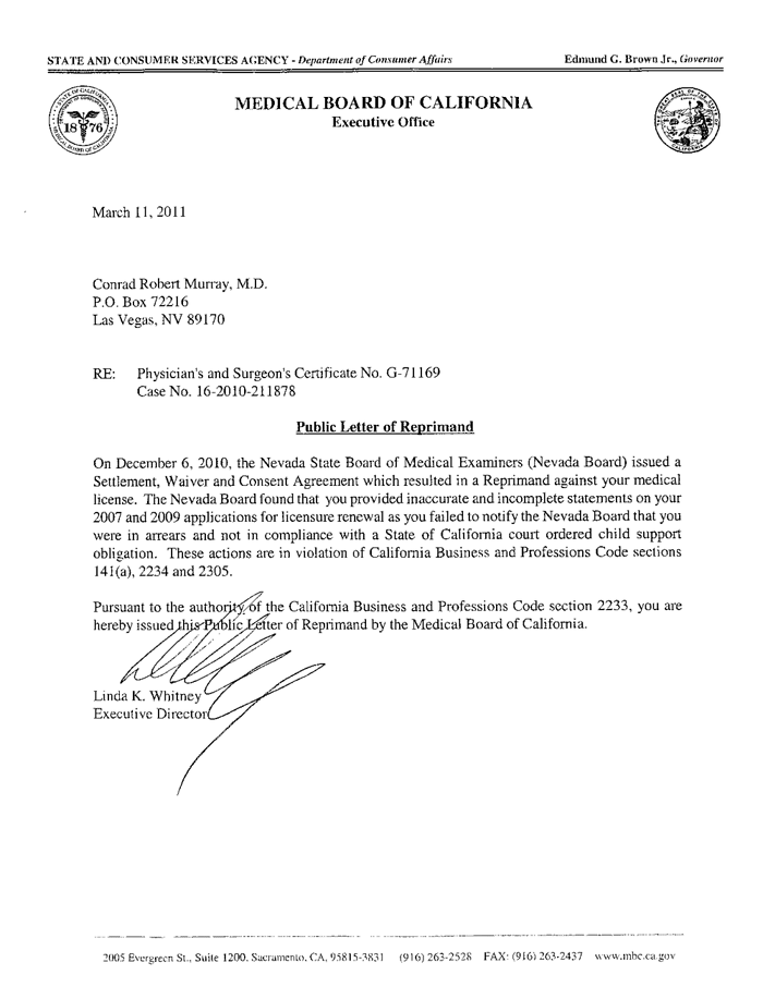 dr conrad murray public letter of reprim